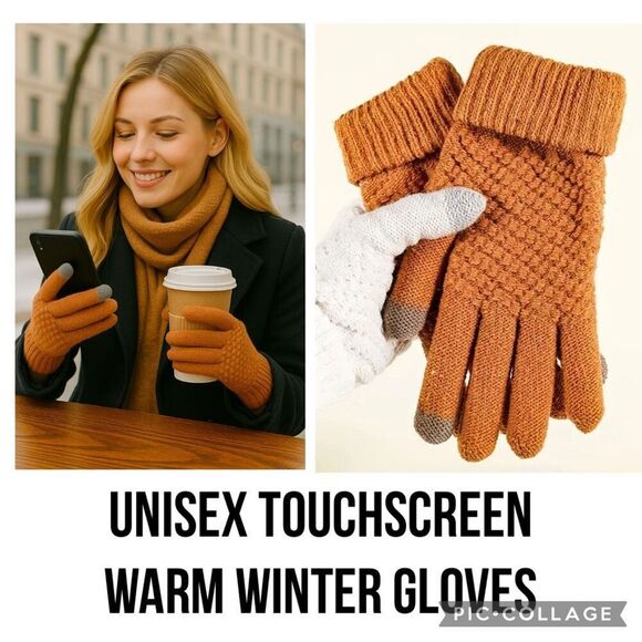 Touchscreen Gloves Unisex Burnt Orange Knit Winter - Picture 2 of 7